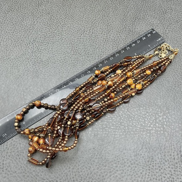 ERWIN PEARL Multi Strand Brown Amber Glass Bead Necklace Gold Tone Layered - Picture 8 of 8